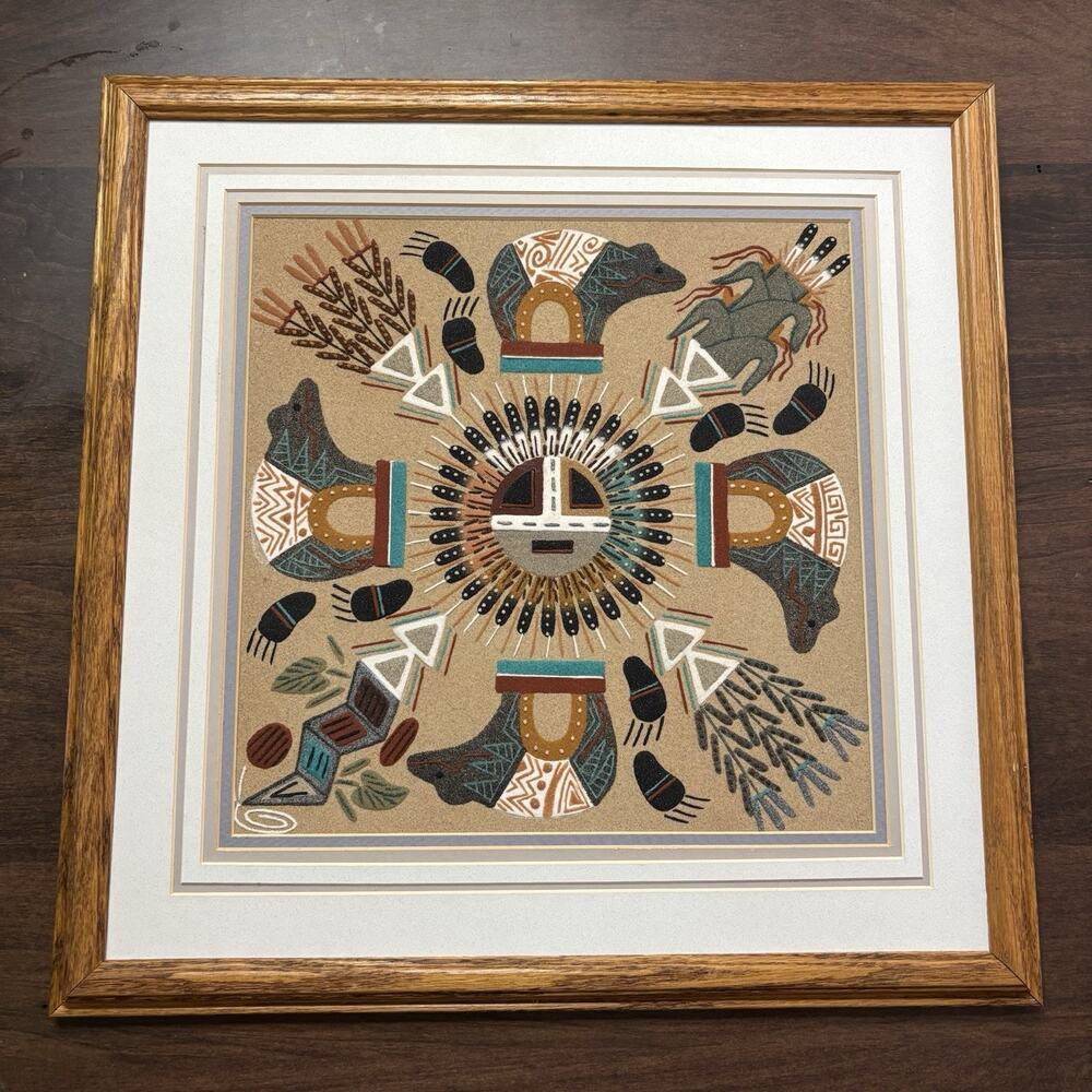 Fetish Zuni Bear Sand Painting Art Large Framed 17" Southwestern Native American